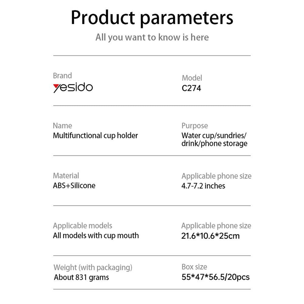 Uchwyt samochodowy Yesido C274, 4.7 cala - 7.2 cala, Czarny