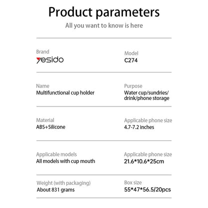 Uchwyt samochodowy Yesido C274, 4.7 cala - 7.2 cala, Czarny